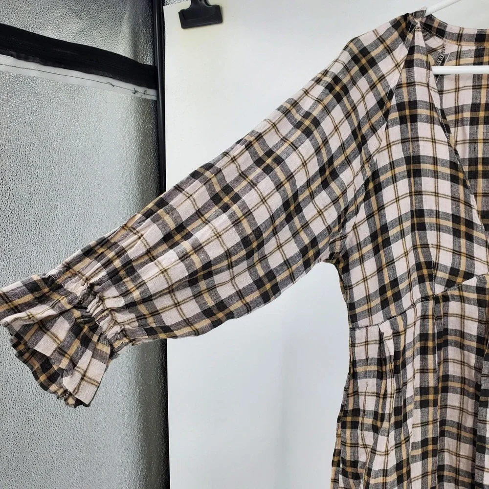 Free People x CP Shades Plaid Linen Mini Dress Tan Black V-Neck Boho Small